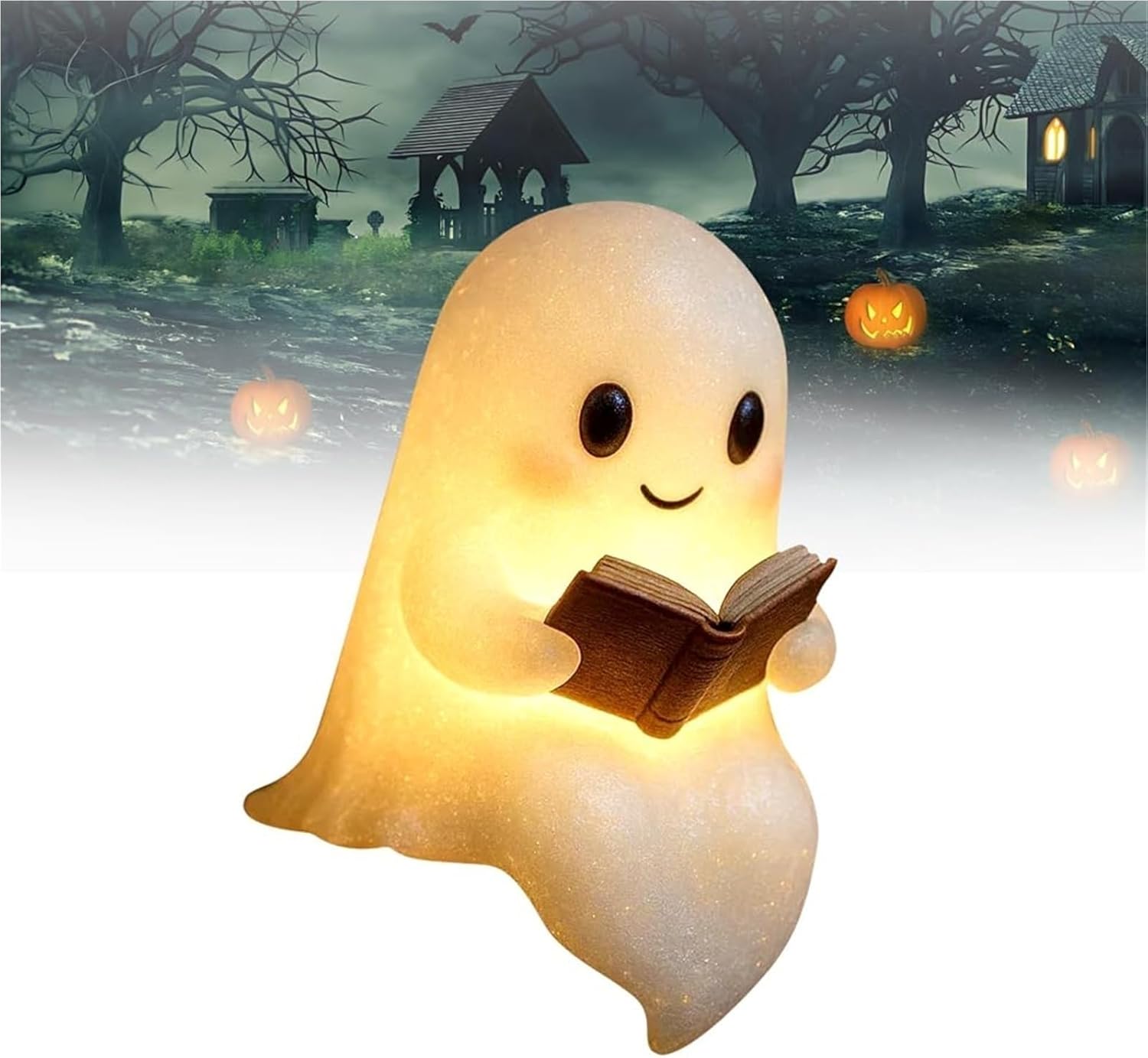 Cute Ghost Reading Book Lamp,3D Resin Halloween Ghost Night Light,Warm Lighted Indoor Figurine Lamps for Party Bedroom Study Room Funny Indoor 3D LED Nightlight Figurine (A-6 inch)