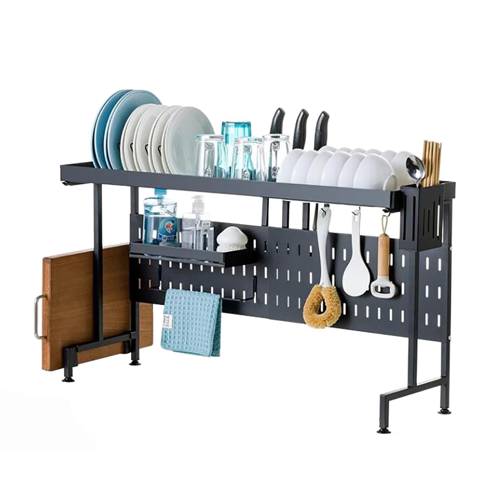 SaryEdge 2 Tiers Retractable Large Over The Sink Dish Drying Rack, for All Sinks, Adjustable Large Capacity Sink Rack, Stainless Steel Drain Rack to Save Space,
