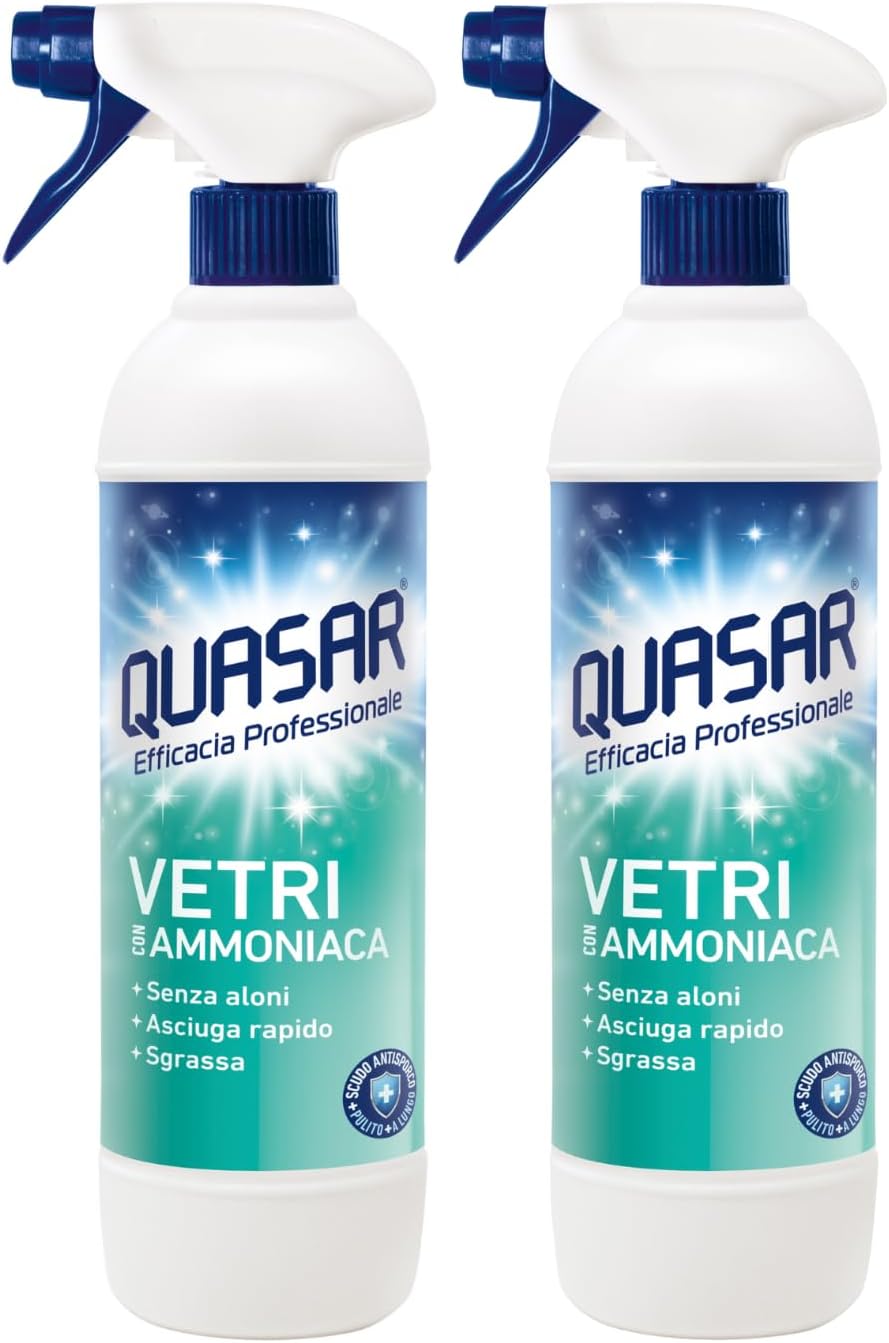 Quasar - Vetri con Ammoniaca - Senza Aloni, Asciuga Rapido, Sgrassa - 2 Flaconi da 580 ml