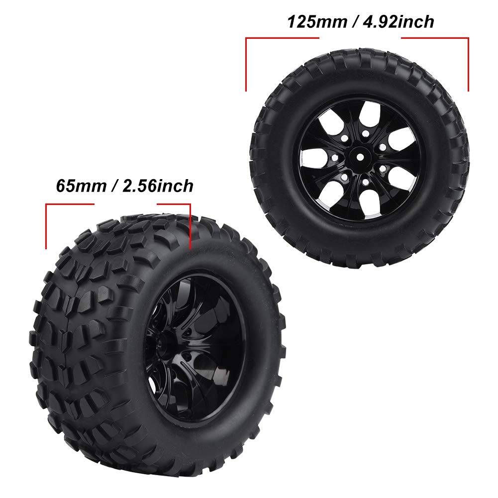 RC1/10 Uniwersalne opony modelowe, zestaw 4 gumowych opon do monster trucka RC, 12mm sześciokątne, czarne (7 otworów)