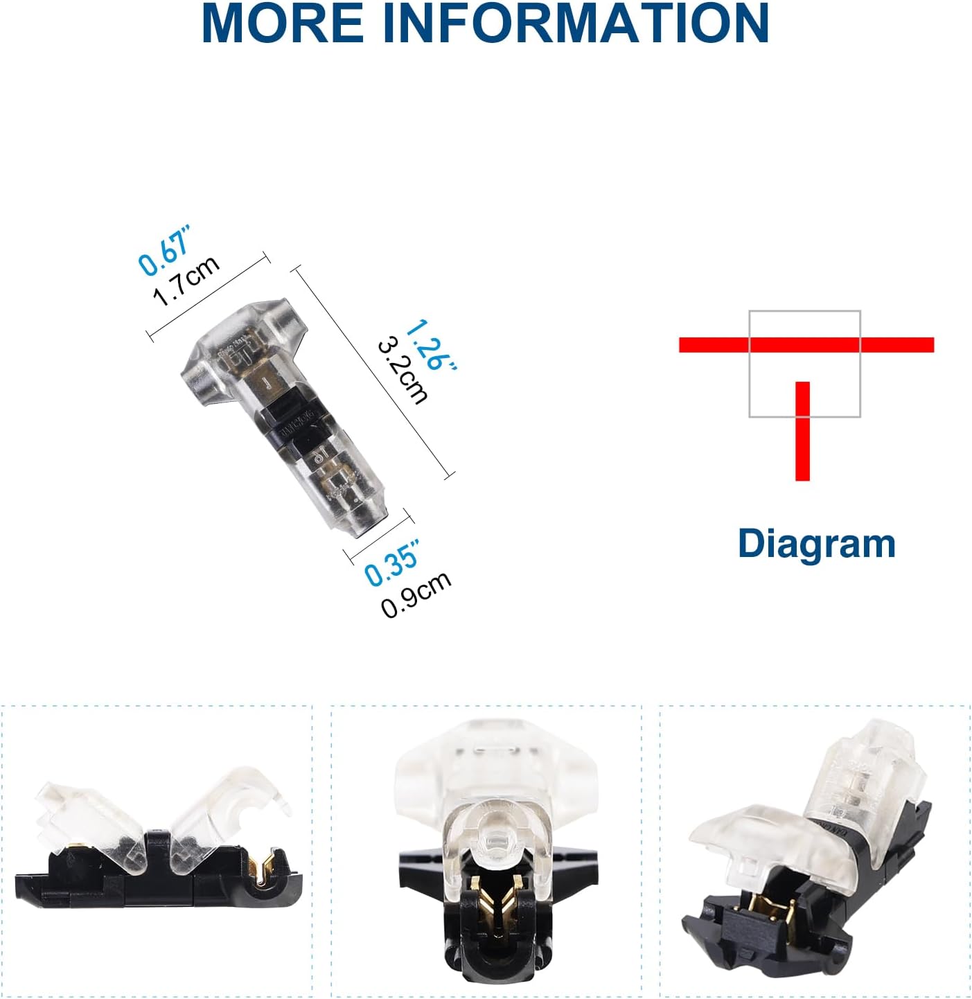 T Tap Wire Connectors for 16-20 AWG, Self-Stripping Low Voltage Wire Connector 3 Way 1 Pin, Quick Wire Splice 12 Pack
