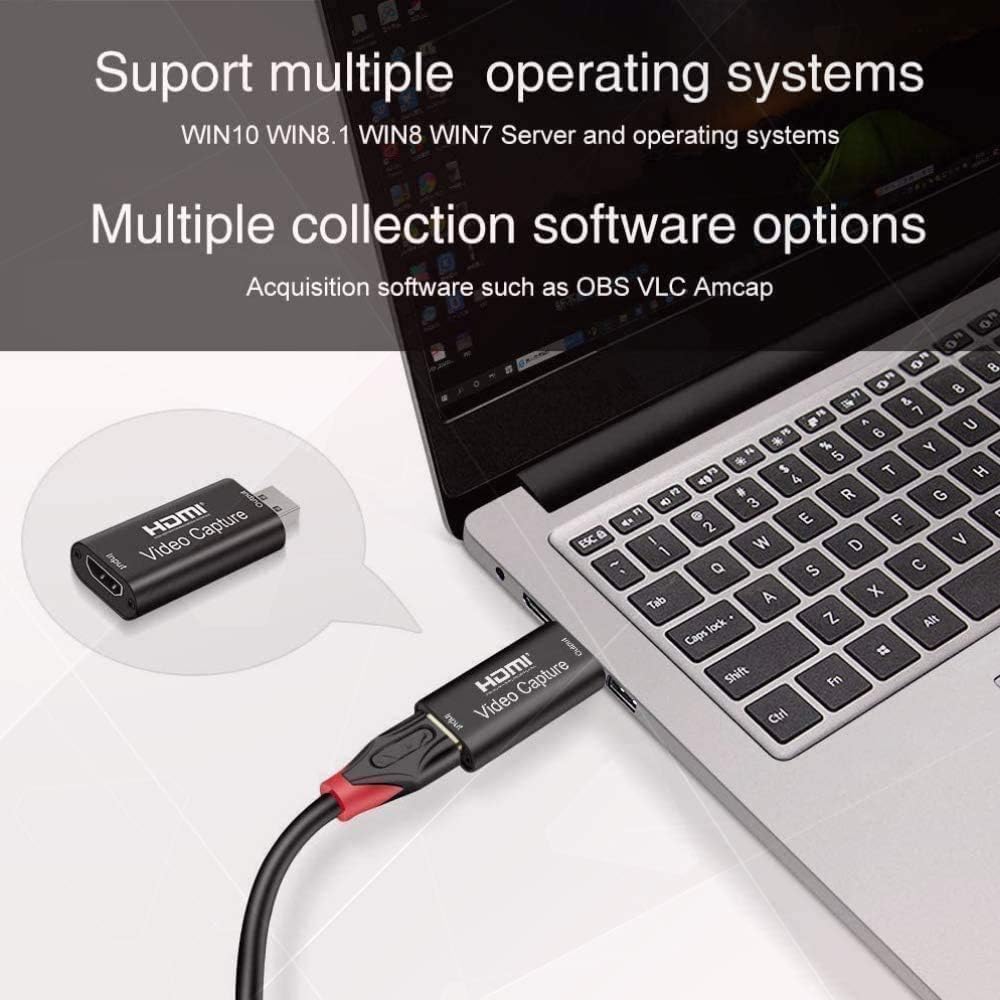 Capture Card connected to laptop, showing supported operating systems and software