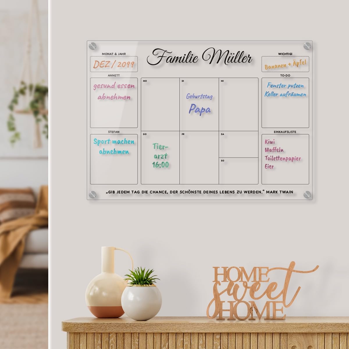 Personalisierter Acrylglas Wandkalender - Familien Wochenplaner abwischbar DIN A3, A2 oder A1 XXL wählbar inkl. Montagematerial und Edelstahl Abstandhalter, langlebig, klarer UV-Druck