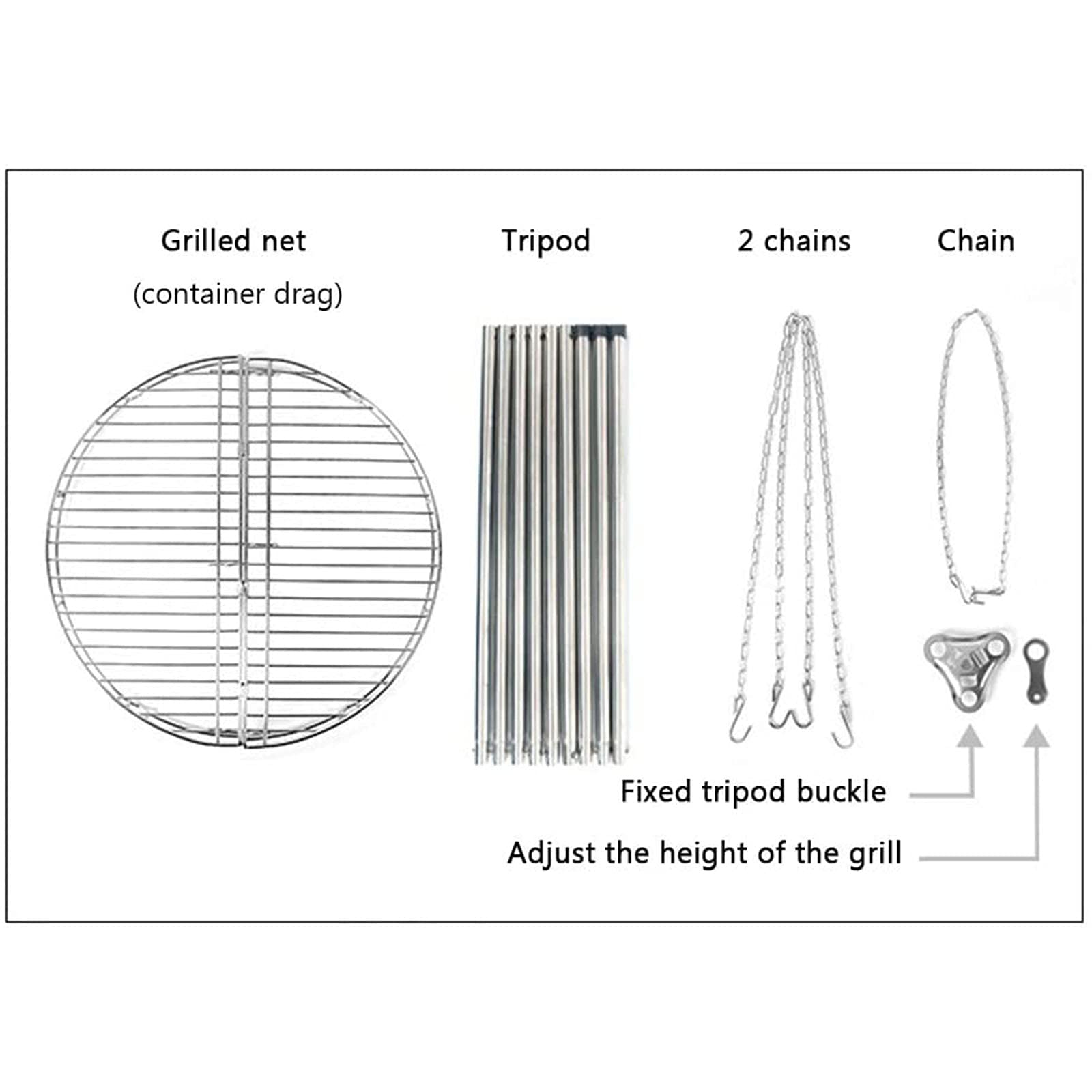 Grill na statywie z półką do grilla, grill na węgiel drzewny z regulowanym łańcuszkiem wiszącym i 3 haczykami, statyw do gotowania ze stali nierdzewnej z torbą do przechowywania