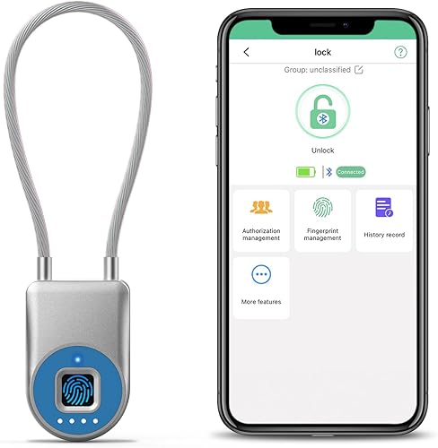 Miniatura 9 de Candado inteligente de cable de huellas dactilares, 6 pulgadas de largo con aplicación Bluetooth de huellas dactilares, biométrico sin llave, Negro