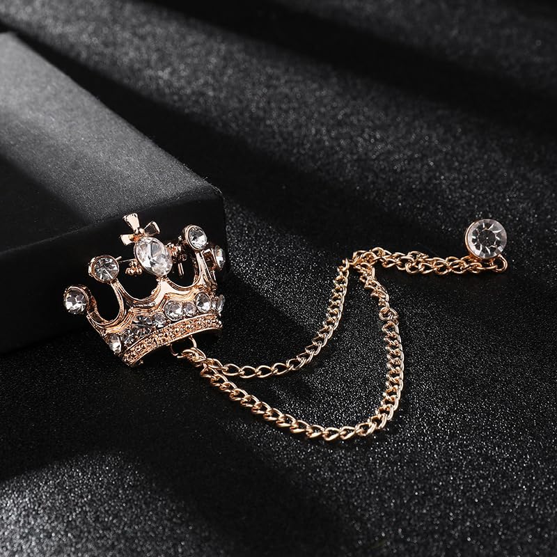 Image of coadipress Crown With Hanging Chain Brooch for Women Men Elegant Gentlemen Gold Silver Crystal Crown Lapel Pin Vintage Rhinestone Wedding Brooch Suit Shirt Pin Accessories