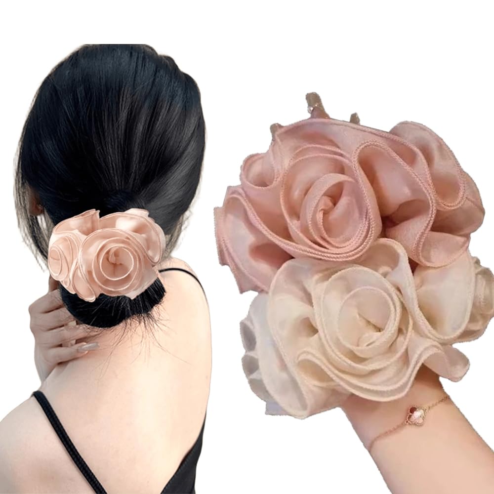 Melodio 2PCS Rose Garden Organza Flower Hair Scrunchies for Women, Soft Sheer Elastic Hair Ties, Elegant Ponytail Holders in White and Pink-image-21