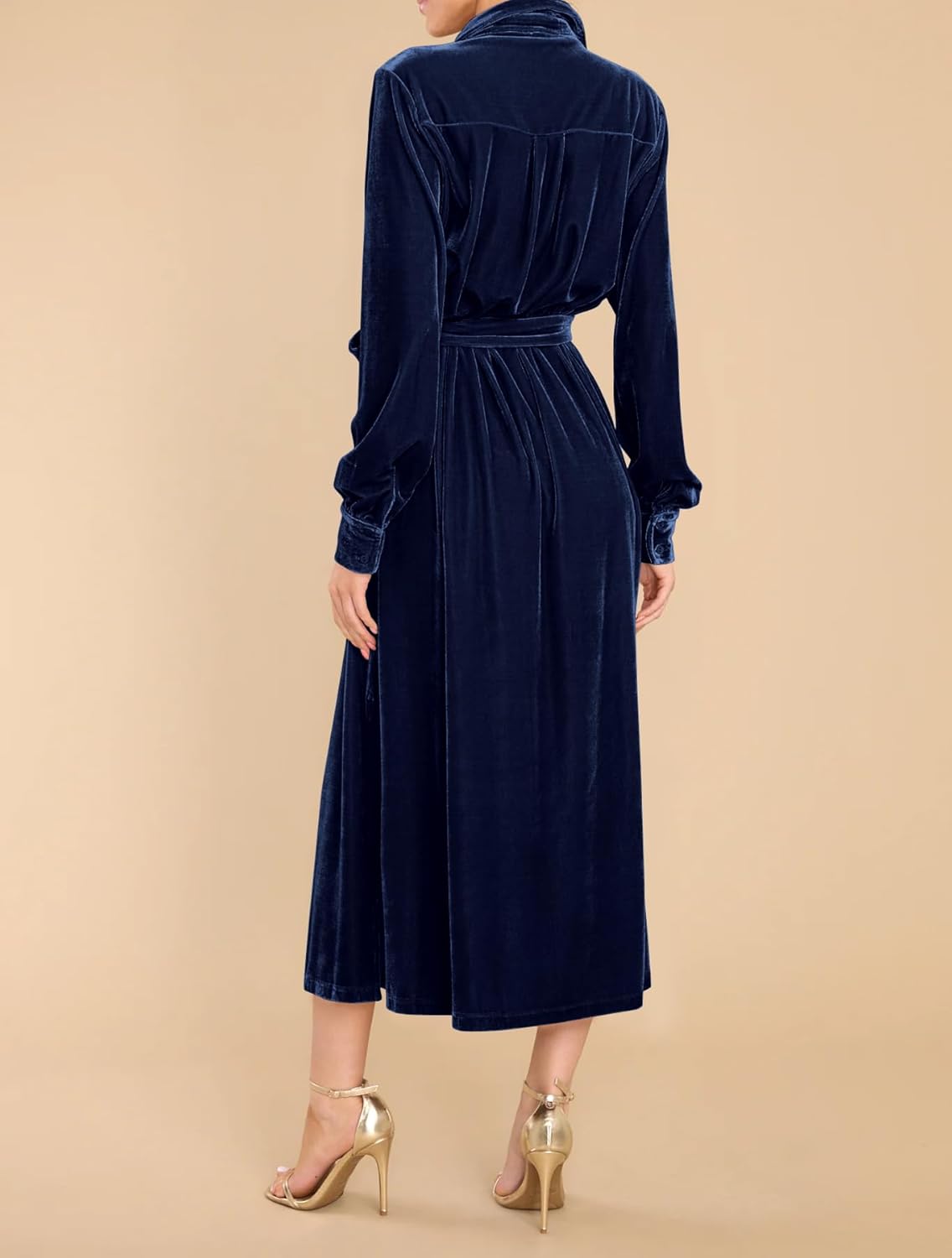 R.Vivimos Women's Fall Long Sleeve Velvet Casual Dresses Button Down Loose Slit Shirt Midi Dress with Belt - Image 3