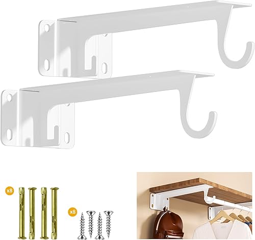 Vista 17 de Soporte para barra de armario resistente con ganchos, soportes de pared de 10 pulgadas, soporte de 400 libras para el hogar y la decoración