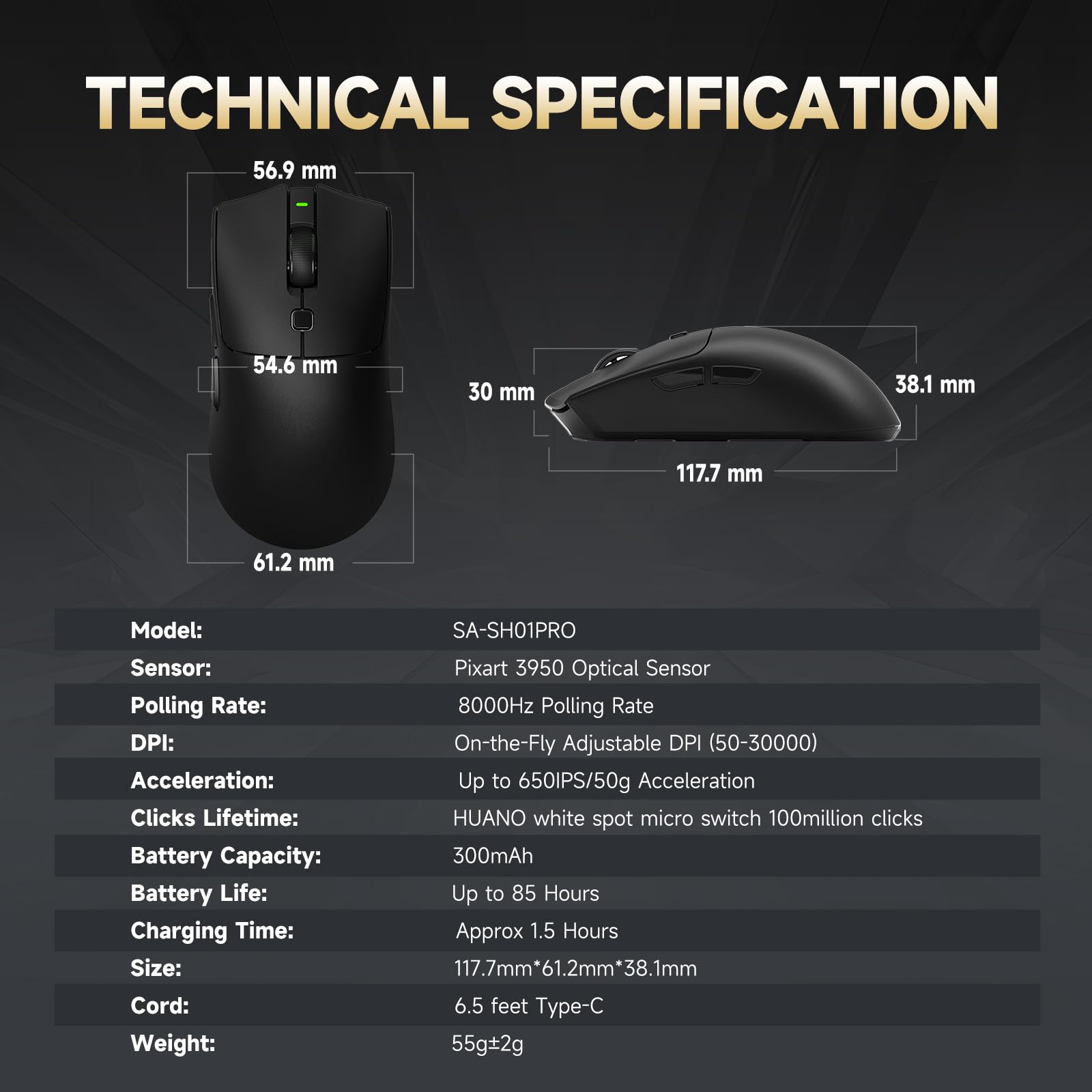 RAWM Mouse da gioco wireless 8K, sensore ottico PAW3950 30K DPI, leggero 55 g, MCU Nordic 52840, mouse simmetrici per esports e giochi FPS