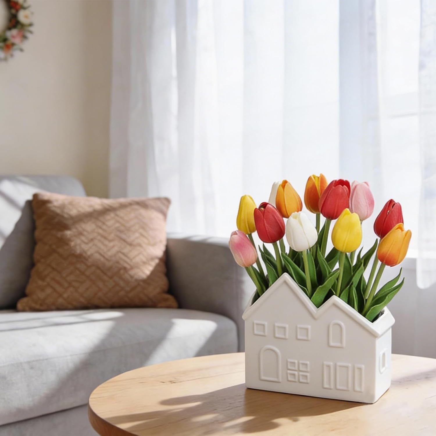 Artificial Tulips Flowers in Ceramic Pot, Real Touch Fake Tulips PU Flower Arrangement, Faux Tulips Potted for Centerpiece Table Decorations Home Office Bathroom Tabletop Spring Decor