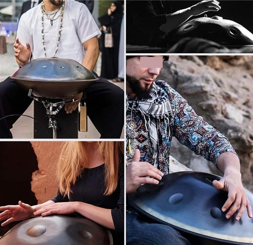 Zestawy perkusji Handpan, w tonacji g-moll 440 Hz, 9 nut, 18 cali, bęben ręczny ze stali nierdzewnej, bęben ręczny ze stali nierdzewnej z miękkim pokrowcem na Handpan, stojak na Handpan (kolor: sreb