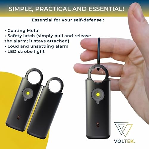 Miniatura 7 de VOLTEK Kit de alarma personal (negro)  Llavero de autodefensa para mujer  Sirena de 135 dB + silbato de emergencia  USB-C recargable, cuerpo de