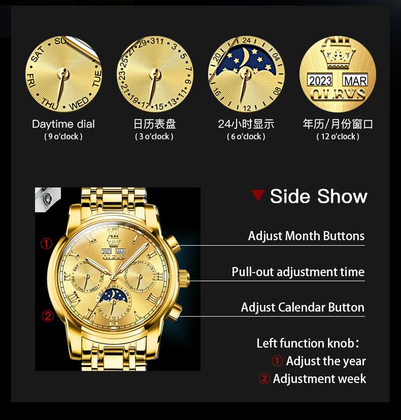Image of OLEVS Watches for Men Automatic Mechanical Self Winding Dress Wrist Watch Multifunction Calendar Waterproof Luminous