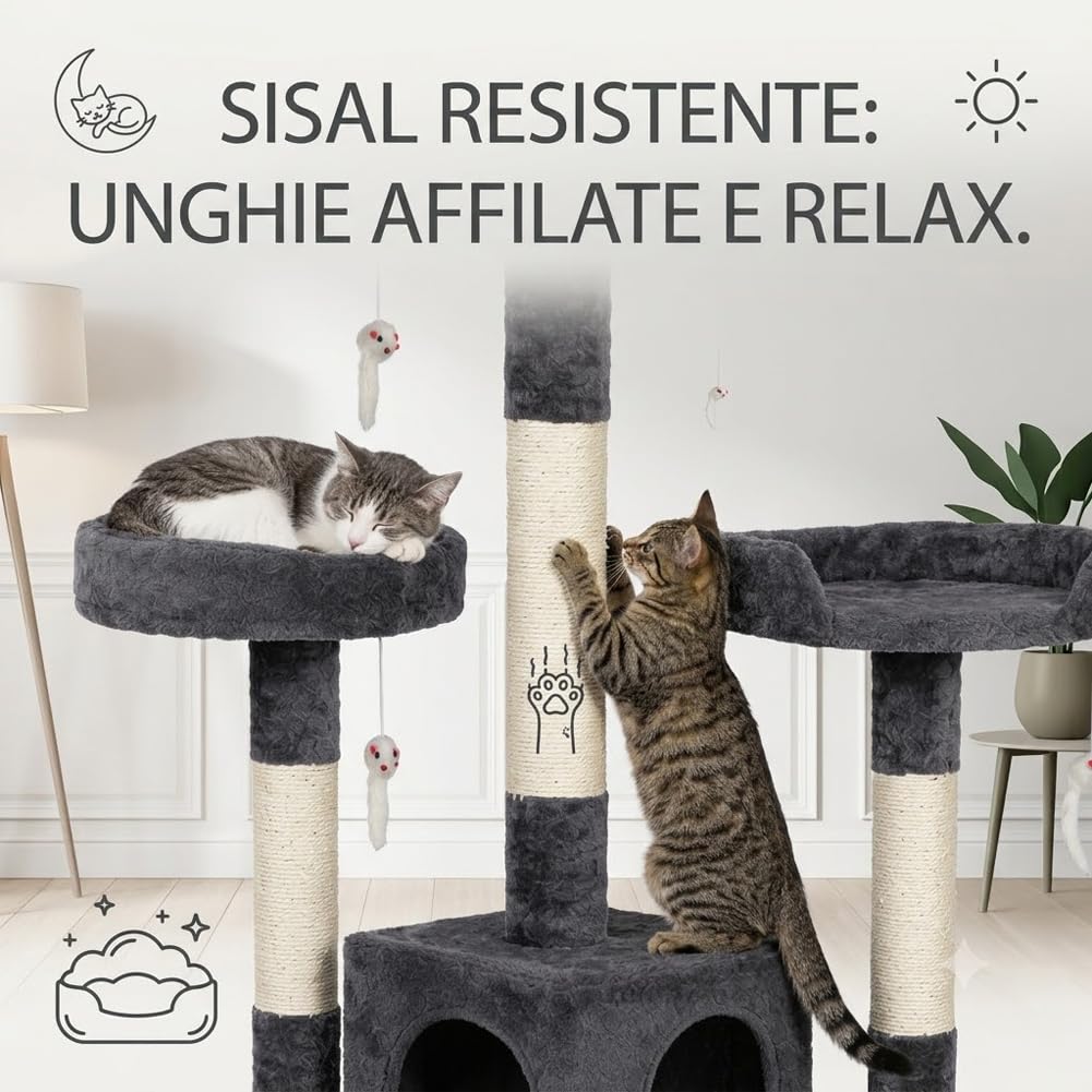 BAKAJI Tiragraffi per Gatti Albero Sisal Parco Giochi Cuccia Gatto Tira Graffi Unghie Alto 170 cm (Grigio)