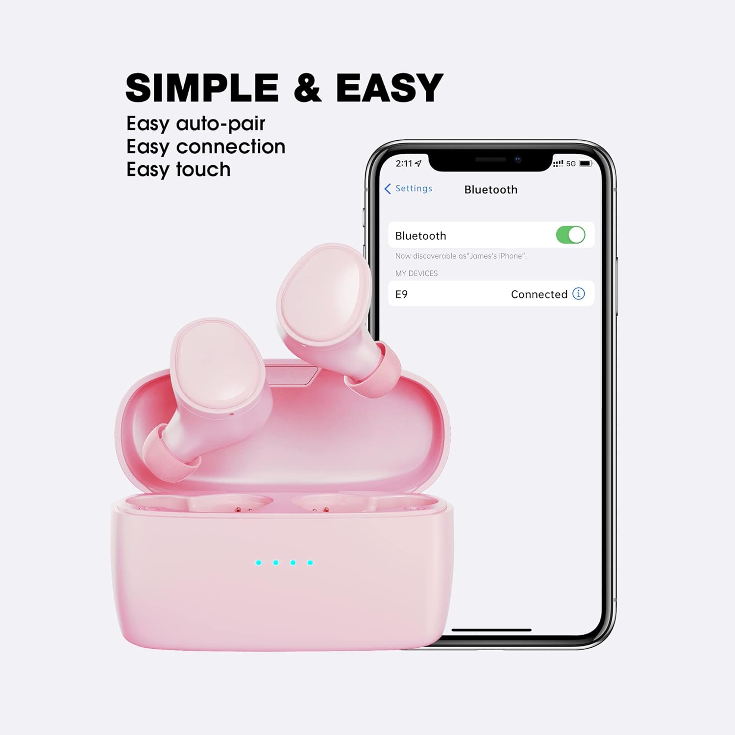 KOSETON E9 Earbuds and phone showing Bluetooth connection.