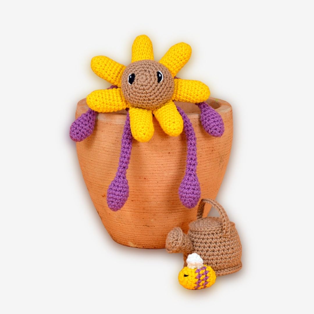 Knitty Critters – Blossom Time – Yellow Daisy | Beginner-Friendly Crochet Craft Kit with Recycled Yarn - 100% Cotton Flower Characters - DIY Amigurumi Crochet Kit with Instructions