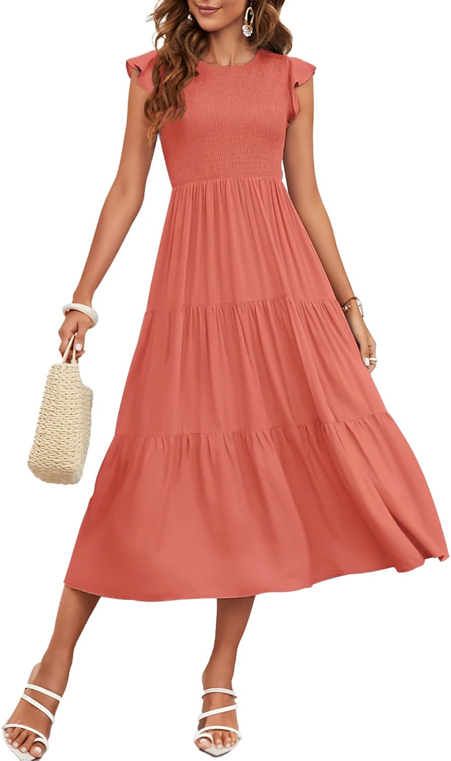 Yanekop Women Ruffle Cap Sleeves Midi Dress Smocked Tiered Boho Beach Dress Flowy Pleated Dress Small 04 Burnt Orange