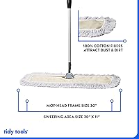Vista 4 de Trapeador de polvo comercial – Barredora de piso de 30 pulgadas para madera dura, cabezal de trapeador de algodón reutilizable, mango extensible