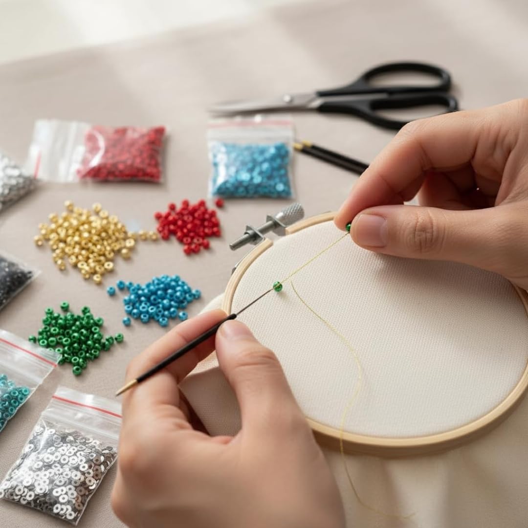 KHUSHA CREATIONS Premium DIY Beads & Embroidery Kit with Wooden Hoop, Needles, Threads, Sequins, Beads, Glass Kundan, Mirrors, & Tools – Complete Craft Set for Beginners, Kids & Adults 3