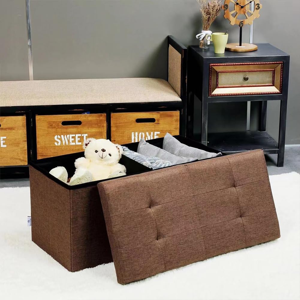 BAKAJI Cassapanca Pouf Contenitore con Rivestimento in Lino, Poggiapiedi con Struttura in Legno, Seduta Imbottita e Comoda, Multiuso, Ideale per Camera da Letto, Ingresso, Design Moderno (Marrone)