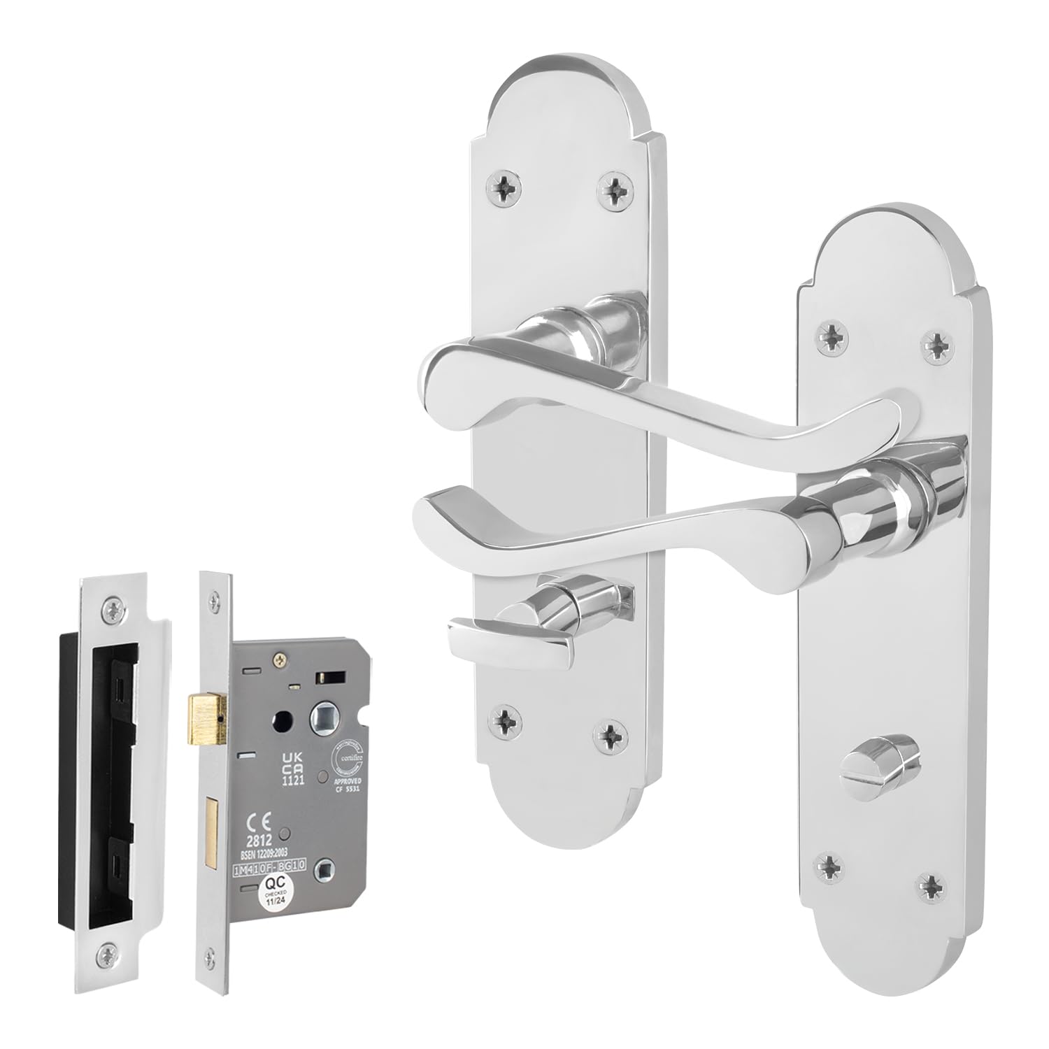 EAI Polished Chrome Door Handles with Bathroom Lock 64mm - Victorian Scroll