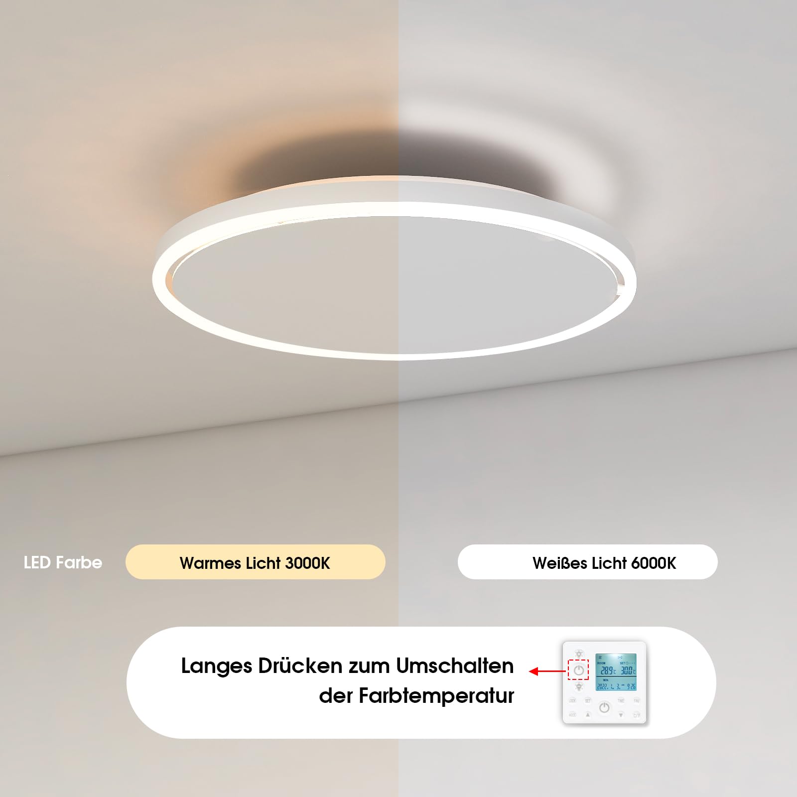 Calefactor infrarrojo de techo de 1440W Redondo, calefactor infrarrojo de con luz LED, calefactor radiante de con termostato y mando a distancia, calefactor eléctrico, panel calefactor, radiador