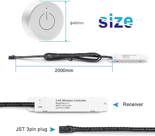 Miniatura 2 de Kit de atenuador inalámbrico DC12V24V y receptor WiFi 2.4G con 3 pines, controlador de puertos JST empotrados de 3.3 ft para luces LED en encimeras
