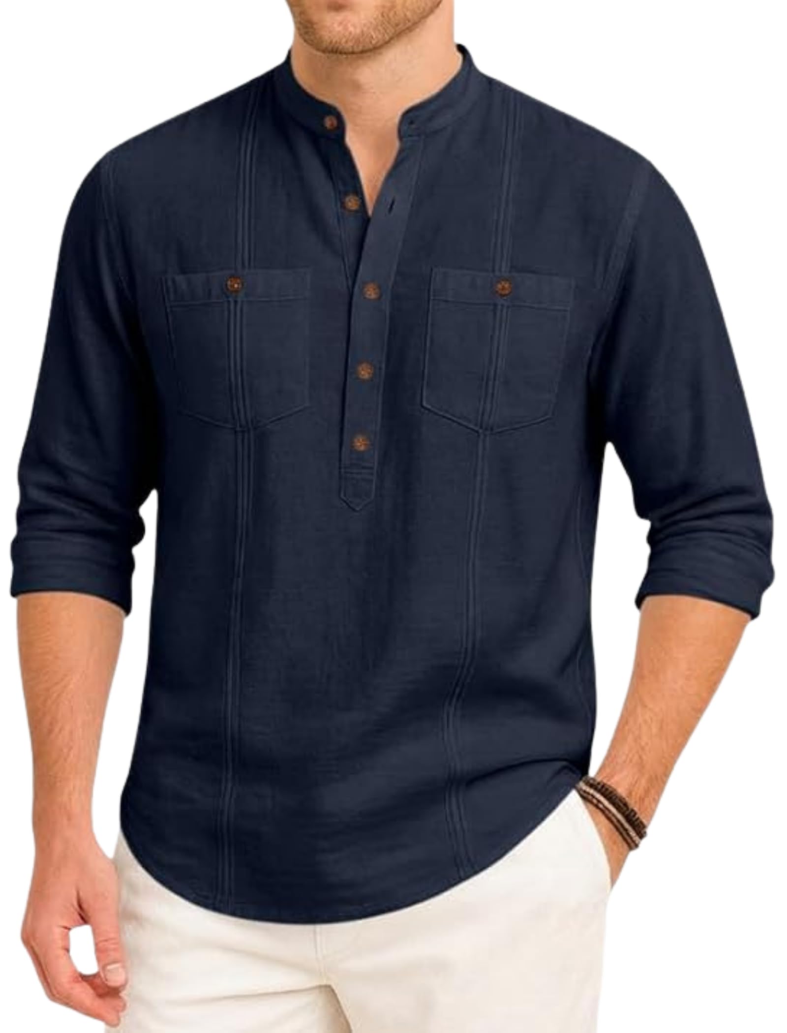royalscout Men's Cotton Polyester Blend Kurta Style Shirt with Mandarin Collar, Half Button Placket, Dual Chest Pockets, Long Sleeve Casual Ethnic Fusion Wear for Office, Festive and Daily Use-picture-27