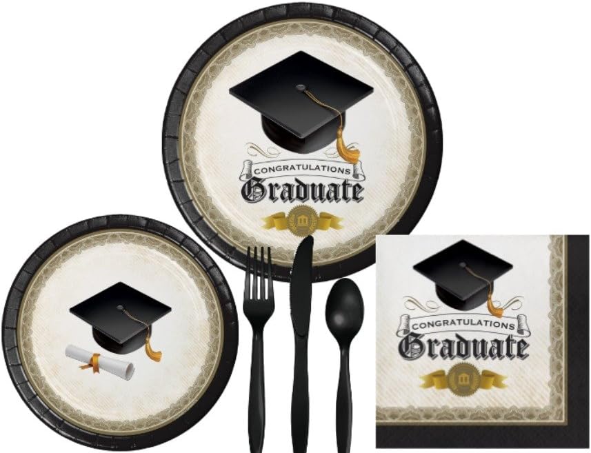 Graduation Party Supply Pack for 8 Guests - Bundle Includes Paper Plates, Napkins and Cutlery in a Traditional Design Perfect for Grad School, College, or High School Graduation Celebrations