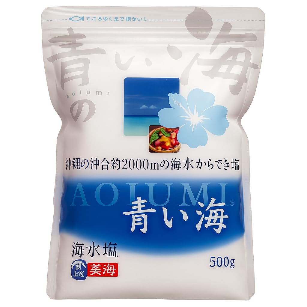 [Product of Japan] AOIUMI Okinawa Sea Salt – Premium Natural Sea Salt Made from Pure Seawater 2000m Off Itoman – Subtly Sweet, Mineral-Rich, All-Purpose Salt – Ideal for Japanese, Western & Chinese Cooking – 500g