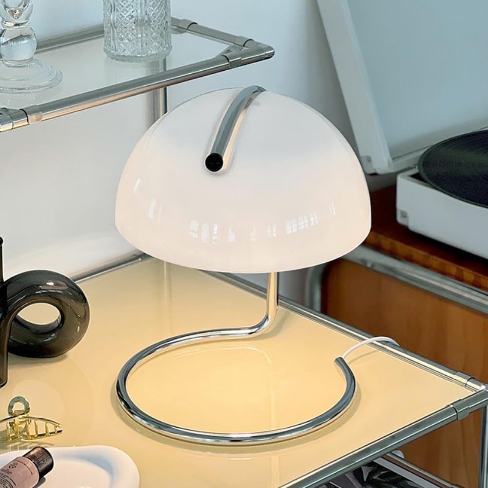 Meefad Semicircle Shape Table Lamp Simple Mushroom Lamp with Glass Shade Aesthetic Nightstand Desk Lamp Mid-Century Ambient Bedside Lamp for Bedroom Living Room