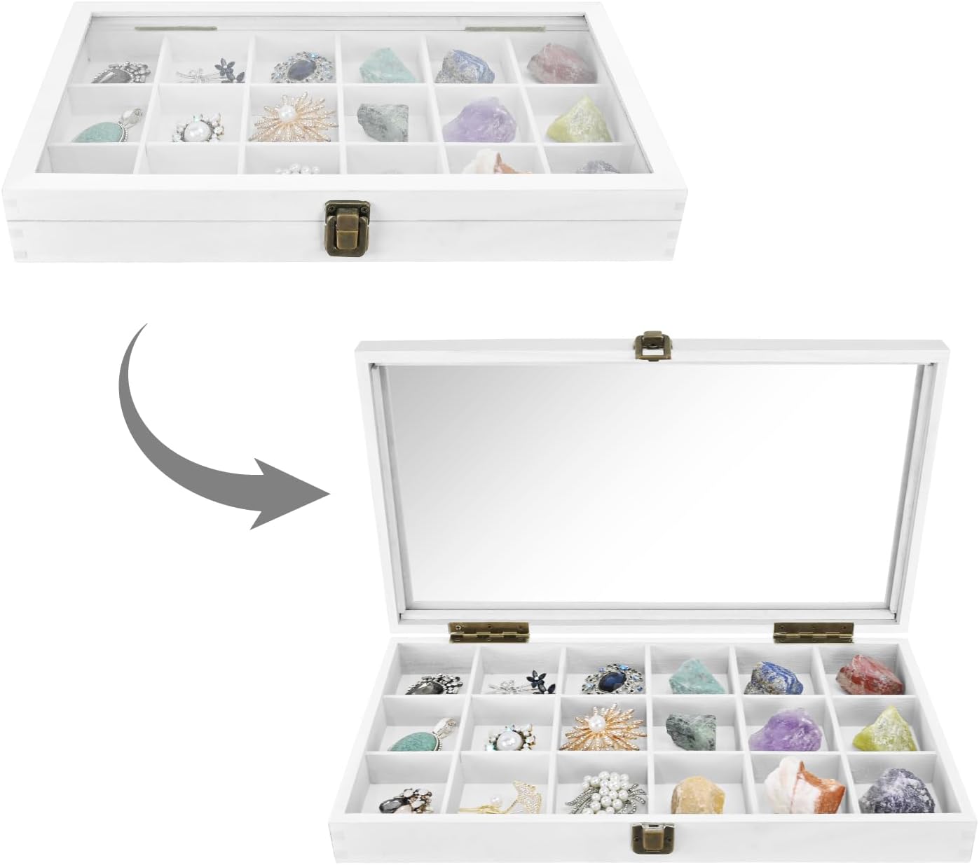 MOOCA Wooden Display Storage Case with Tempered Glass Lid for Jewelry and Beads with 18 Compartments Tray, 15 W x 8 3/8 L x 2 1/8 H in, Wash White Color