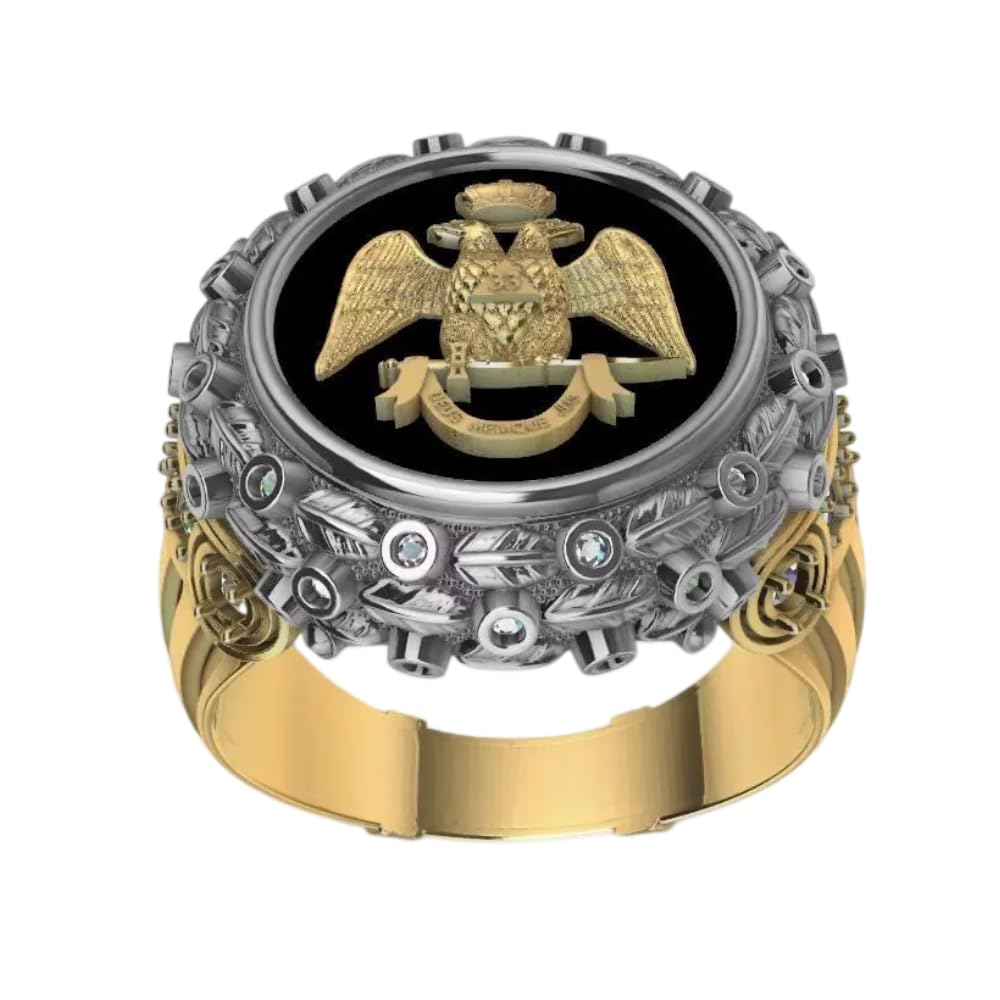 Double Headed Eagle Warrior Eagle Wings Masonic Mens Signet Ring 14K Gold Plated Two Tone Gothic Master Mason Biker Warrior Freemasonry Symbol Ring 925 Sterling Silver Handmade Jewelry