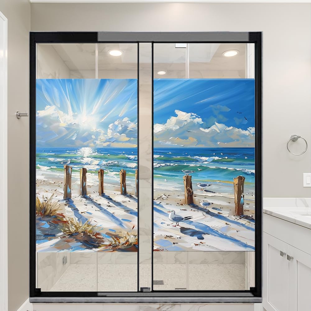 Bunte Sichtschutzfolie mit Meeresblick, Einweg-Fensterfolie, natürlich, blau, Strand, Möwen, abstrakt, hitzeblockierend, selbstklebend, Sichtschutz, 70 x 100 cm, 2 Stück