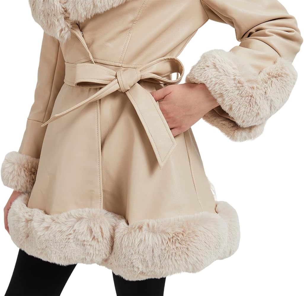 GRAN ORIENTE Women's Faux Leather Jacket with Faux Fur Collar, Winter Long Sleeve Furry Trim Peplum Parka Coat with Belt - Image 6