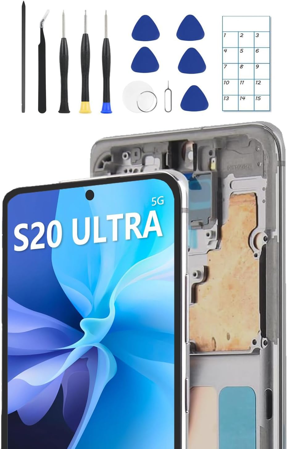 OLED Screen Replacement for Samsung Galaxy S20 Ultra 5G with Frame & Fingerprint Sensor – Includes Full Tool Kit & Installation Guide
