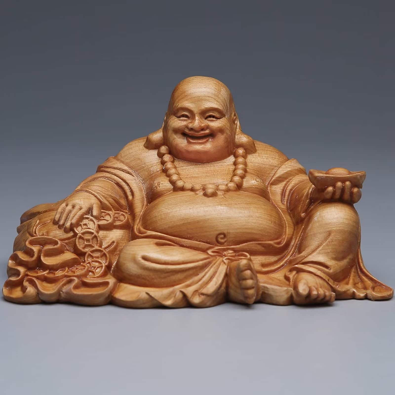 Figura De Buda Feliz De Madera De Suar Tallada A Mano - Escultura Abstracta Decorativa, Amuleto De La Suerte