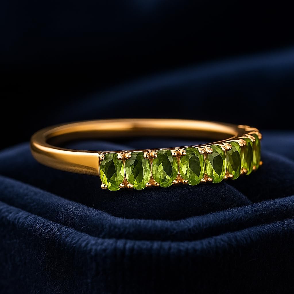 Oval Cut Peridot Half Eternity Wedding Band for Women 14K Yellow Gold Stacking Ring August Birthstone Promise & Proposal Jewelry Gift