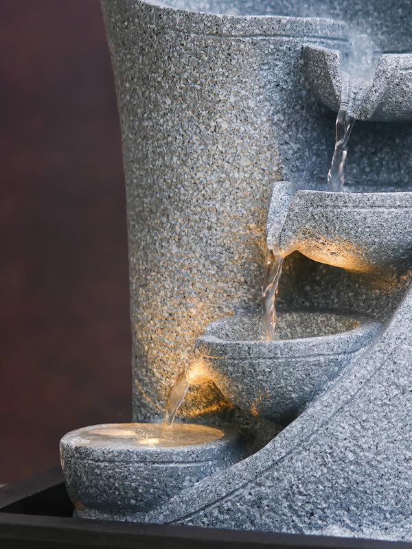 Image of Polyresin Table Top Grey Color Indoor 3 Designer Steps Waterfall Fountain for Home Decor with Yellow LED Lights & Water Flow Controller Pump (Size: 38 x 29.5 x 22CM | Weight: 1750grm)