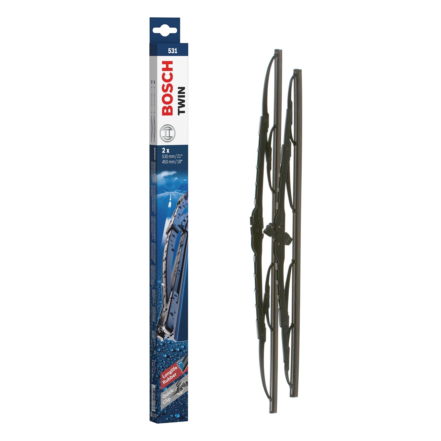Bosch Twin 531 - Jeu de 2 Balais d'essuie-glaces de Remplacement Avant - Livrés avec Adaptateur Quick-Clip Pré-Assemblé - 530mm / 450mm
