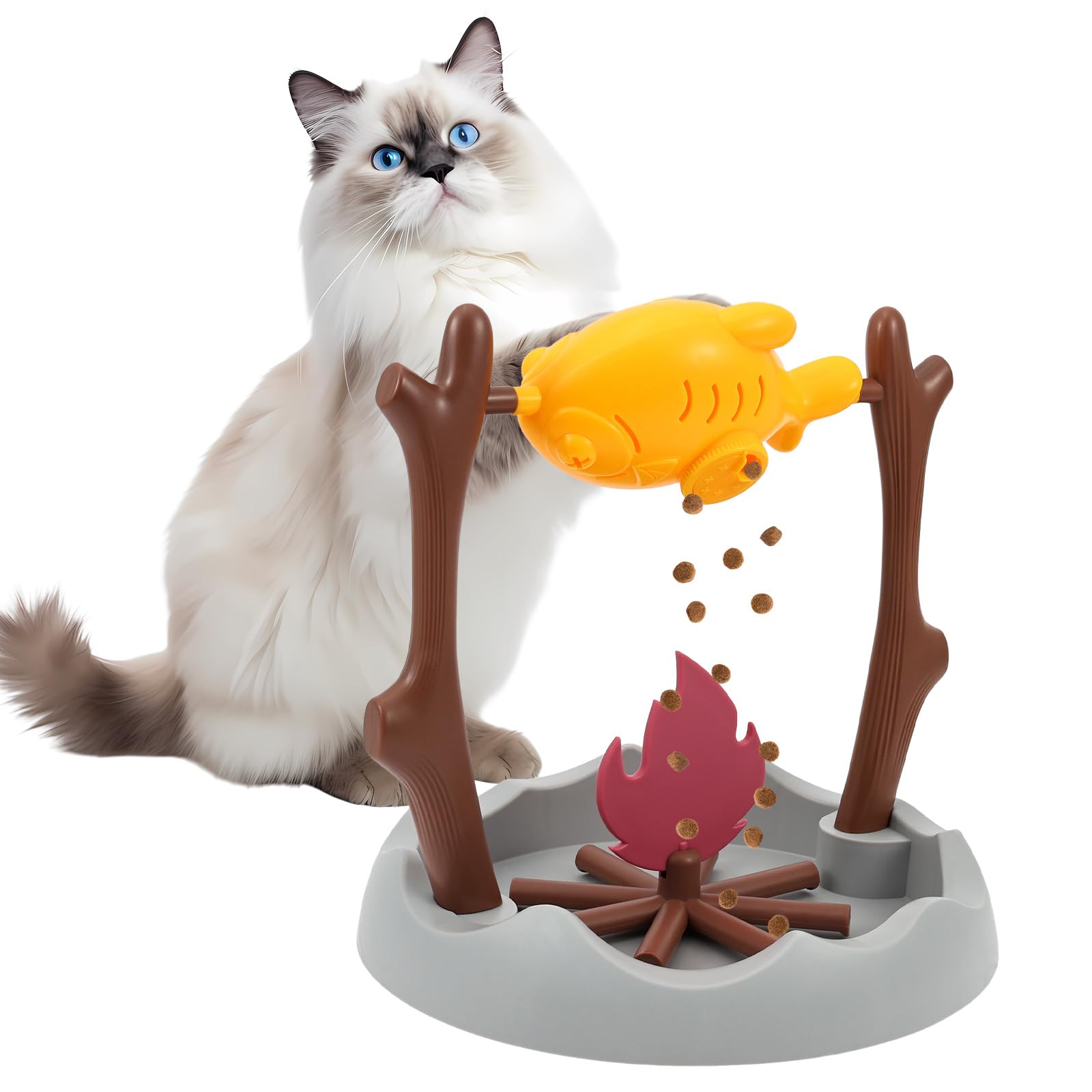 Anihet Campfire Cat Treat Dispenser, Cats Treat Toy Interactive Slow Feeder with 3 Food Outlet, 360° Rotating Grilled Pet Snack Food-Leaking Toy for Indoor Pets Training