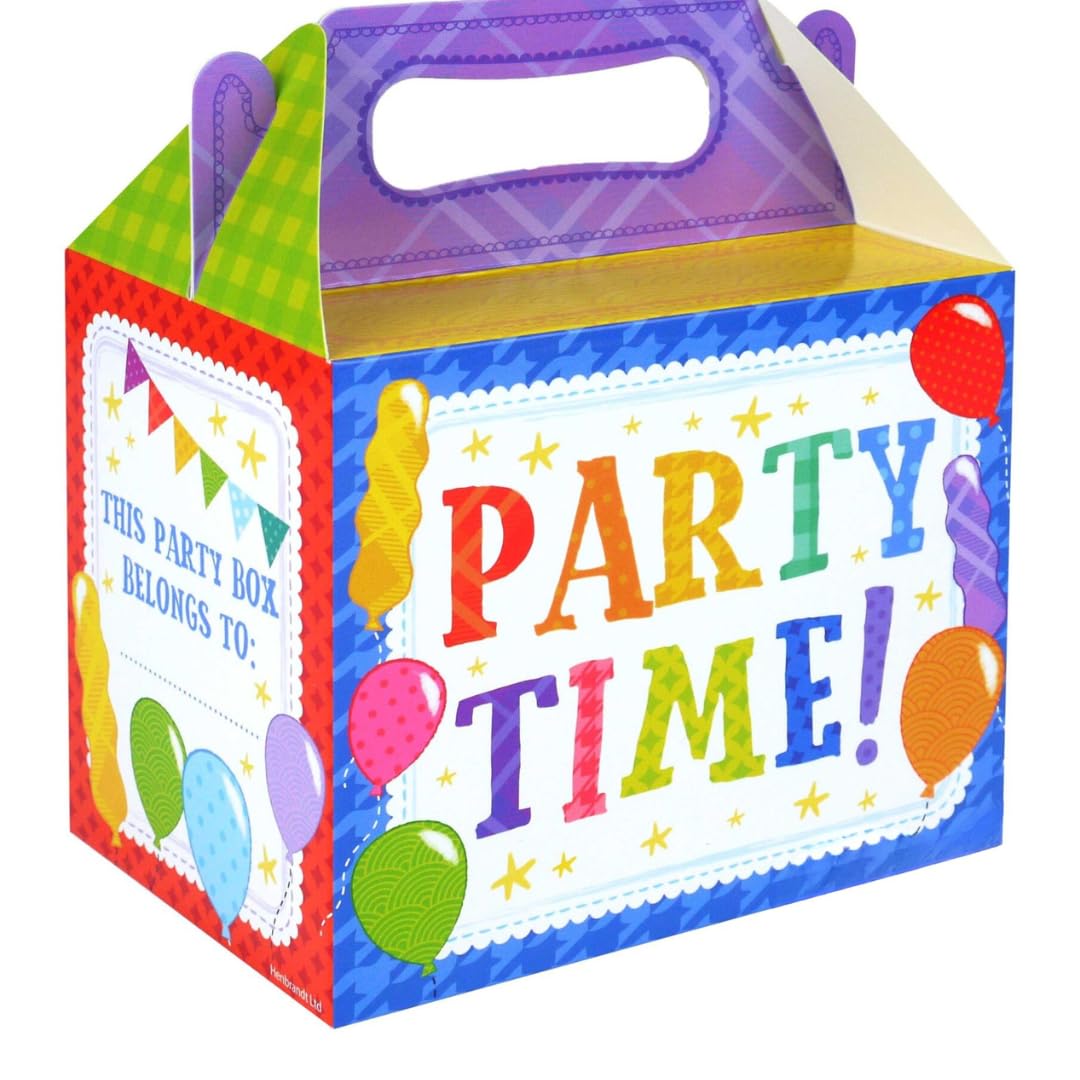 48x Party Time Kids Lunch Boxes – Cardboard Food Boxes with Handles for Children’s Birthday Parties, School Picnics & Loot Bag Fillers – 14cm x 12cm x 9.5cm