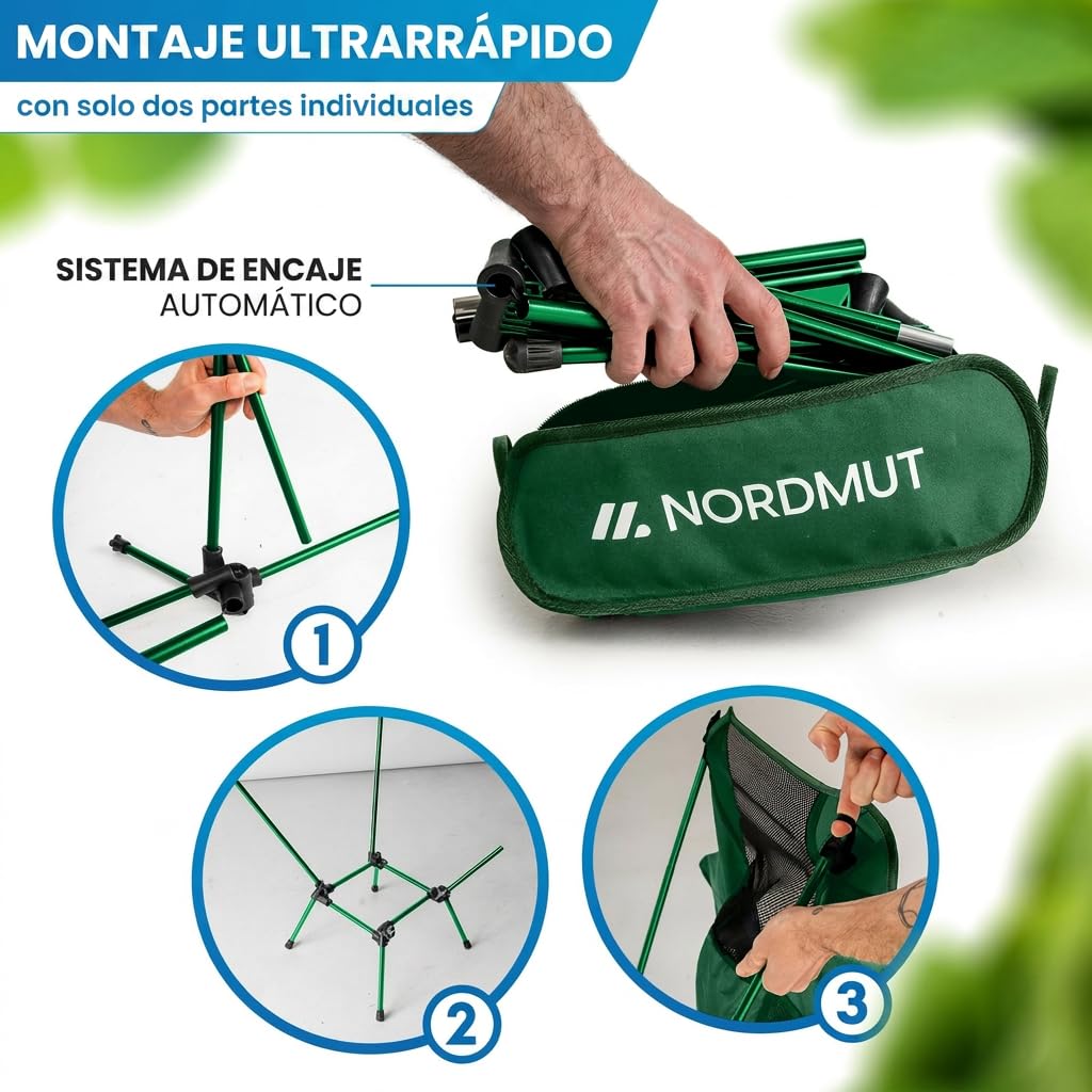 NORDMUT® Silla de Camping compacta y Ultraligera – pequeña con Capacidad de 150 kg – Silla Plegable de Aluminio Ligera para Camping, Outdoor y Festivales (2, Verde)