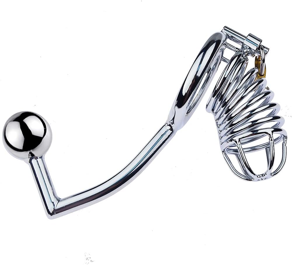 Circle Hook Chastity Lock Set Anal Hook Snake Style Chastity Device with Handcuffs A176 (Necklace + Cage + Anal Hook, 50mm)