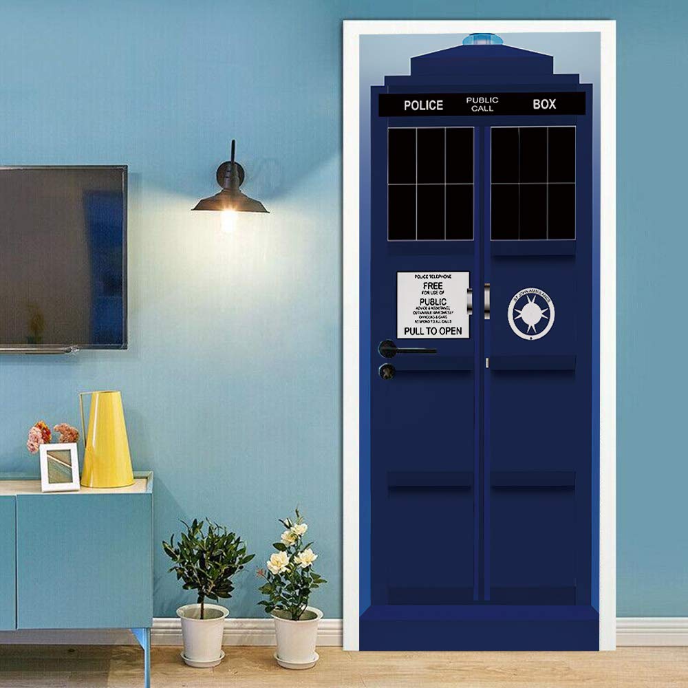 Sticker de porte trompe l'oeil papier peint imperméable bleu amovible 90x200