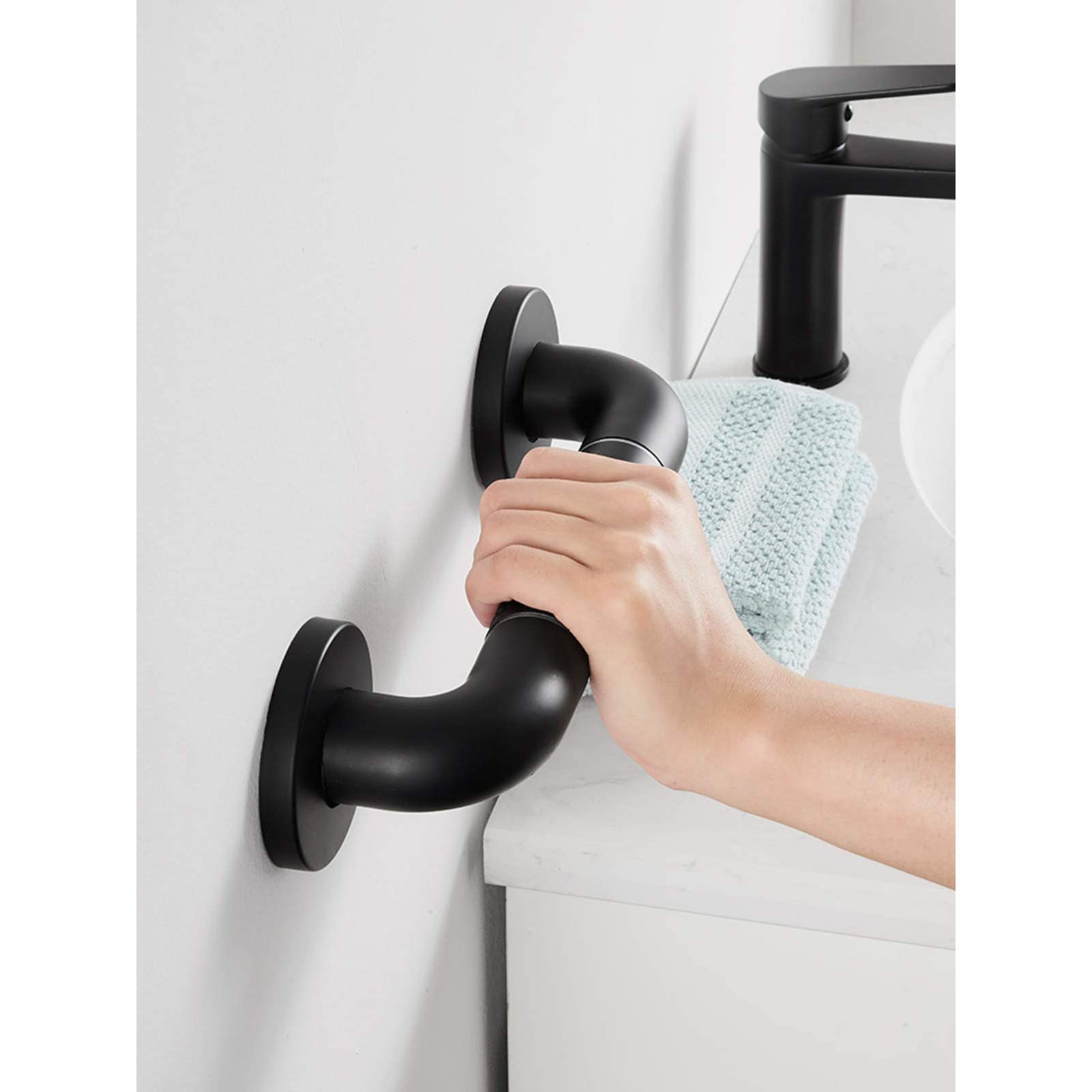 Asidero de baño de Acero Inoxidable Sus 304 con Agarre de Seguridad, Ideal para bañeras e inodoros (Negro, 48 cm)