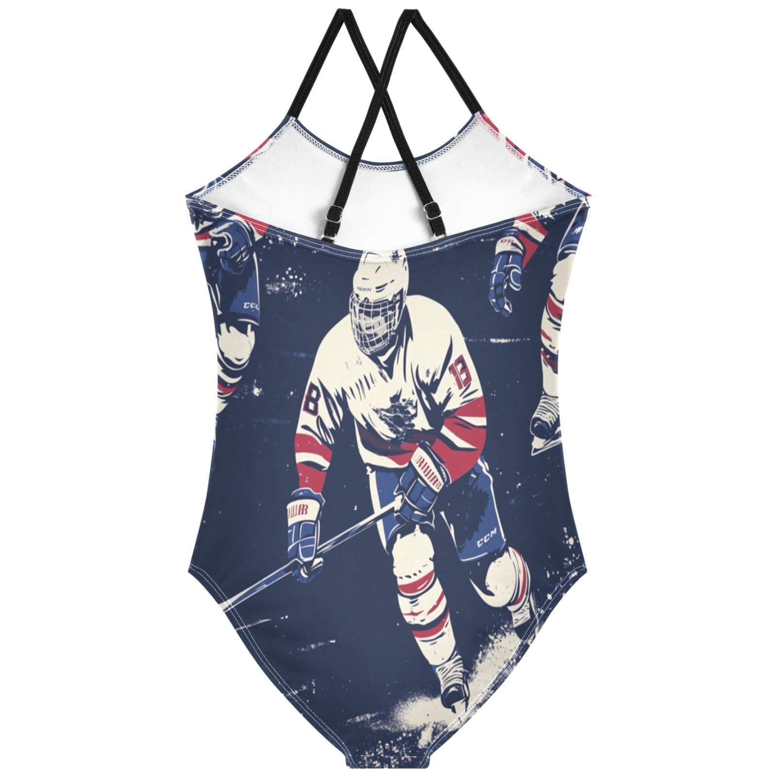 Pigsaly Girls One Piece Swimsuits Vintage Blue Red Ice Hockey Player Kids Cross Back Swimwear Beach Sport Bathing Suit 5T-6T