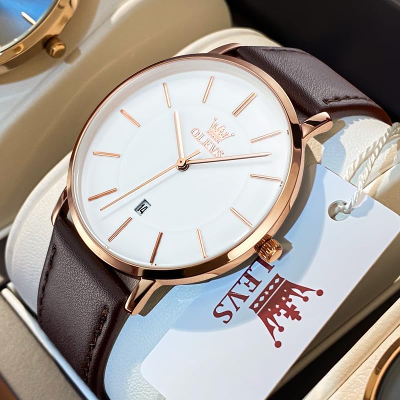 OLEVS Mens Watches Mens Leather Watch Ultra Thin Watches for Men Minimalist Watch with Leather Band Quartz Analog Dress Casual Simple Lightweight relojes para Hombres Brown belt rose shell white mirror image 7 of 9 B07D22HYXR