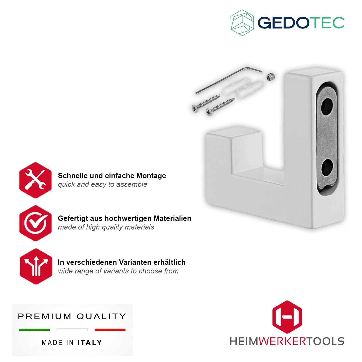 Gedotec Tetris - Gancho Para Colgar Ropa, 1 Unidad, Cuadrado, Gancho Doble Blanco, 40 X 52 Mm, Perchero De Pared Invisible, Incluye Material De Fijación